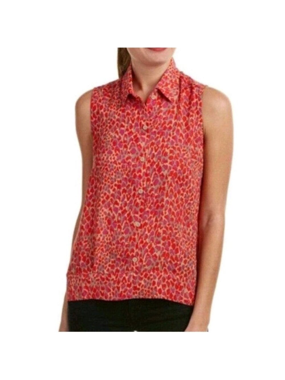 Cabi Heartbreaker Sleeveless Blouse Red Collared All Over Print Sz Med Casual